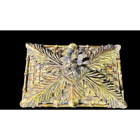 Ceramic Woven Gold Pineapple Top Knob Rectangle Jewelry Trinket Box 6” X 6” X 4” - Picture 4 of 10